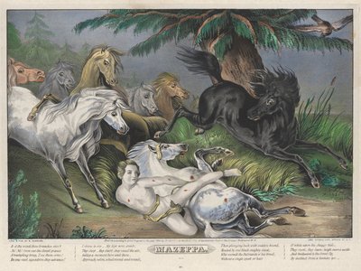 Mazeppa: Talerz 3 z zestawu czterech (4) talerzy (w otoczeniu dzikich koni) autorstwa Nathaniel Currier