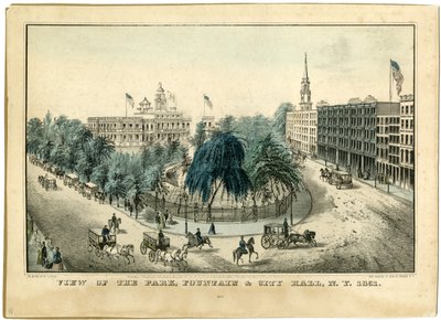 Widok na park, fontannę i ratusz, Nowy Jork 1851, 1851 autorstwa Nathaniel Currier