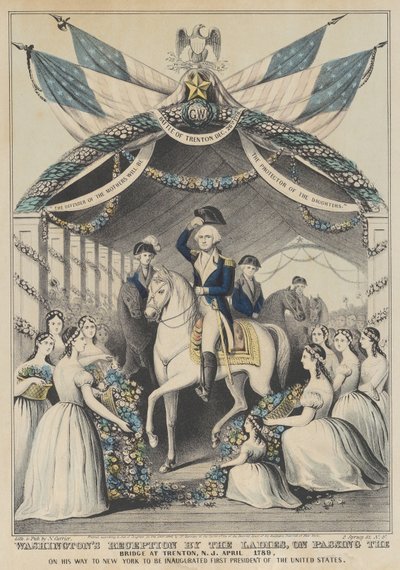 Przyjęcie waszyngtońskie przez damy po przejściu przez most w Trenton, kwiecień 1789, w drodze na inaugurację pierwszego prezydenta Stanów Zjednoczonych autorstwa Nathaniel Currier