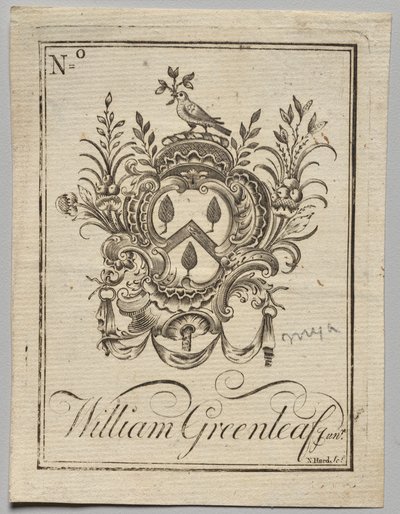 Ekslibris: herb z inskrypcją William Greenleaf Jun.r autorstwa Nathaniel Hurd