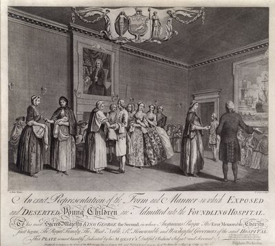 Dokładne przedstawienie formy i sposobu, w jaki narażone i opuszczone małe dzieci są przyjmowane do szpitala Foundling Hospital, 1749 r. autorstwa Nathaniel Parr