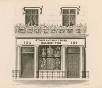Front sklepu w stylu jońskim panów Storr and Mortimer, złotników i jubilerów, nr 156, Bond Street, Londyn autorstwa Nathaniel Whittock