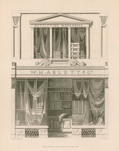 Sklep frontowy dla W H Ablett, magazyn wyposażenia, Cornhill, Londyn autorstwa Nathaniel Whittock