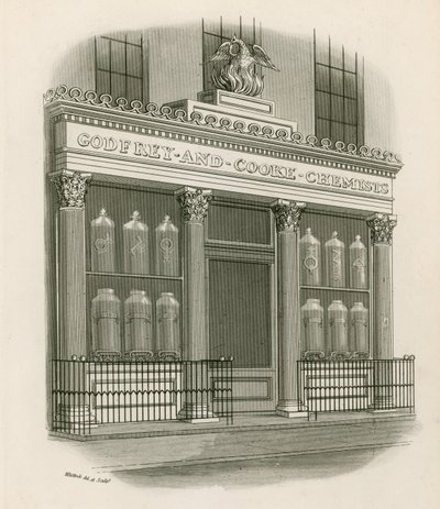 Sklep z przodu Godfrey i Cooke, apteki, Conduit Street, Londyn autorstwa Nathaniel Whittock