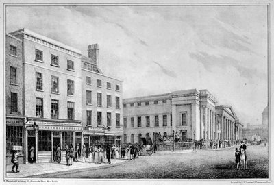 Widok wzdłuż ulicy Aldersgate i St Martin-le-Grand do katedry św. Pawła, ok. 1830 r. autorstwa Nathaniel Whittock