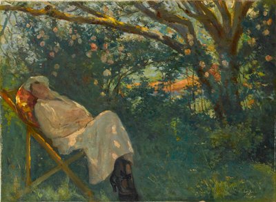 "Lady in Pink na szezlongu" Obraz Nazmi Ziya Gueran (1881-1937) - 1904 - Olej na płótnie Dim 54x73 cm Muzeum Sakip Sabanci, Stambuł autorstwa Nazmi Ziya Gueran