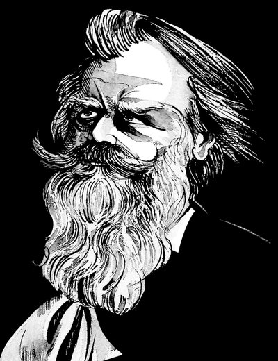 Johannes Brahms, niemiecki kompozytor (1833-97), karykatura akwarelowa w odcieniach szarości autorstwa Neale Osborne