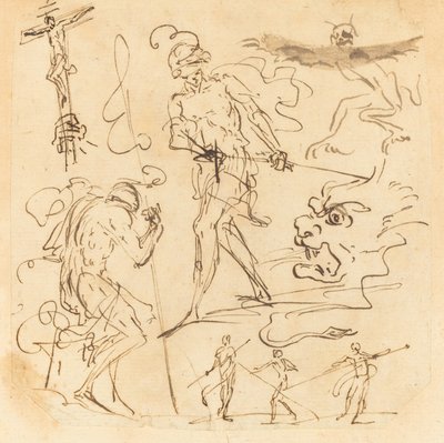 Arkusz studiów z żołnierzem rysującym miecz, krucyfiksem, potwornymi zwierzętami i innymi figurami autorstwa Neapolitan 17th Century