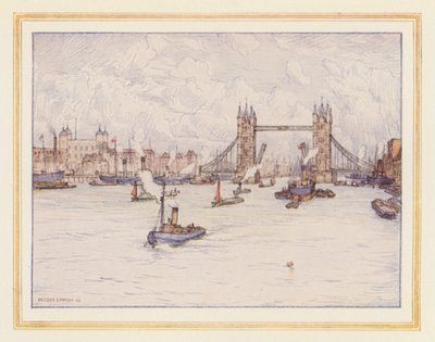 Wieża i most Tower Bridge (kolorowa litografia) autorstwa Nelson Dawson