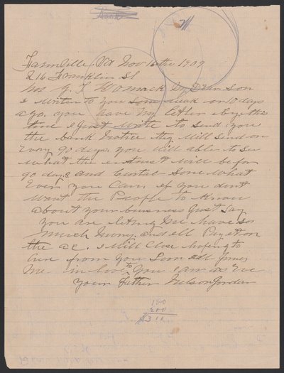 List Nelsona Jordana do Julii Womack z kopertą, 16 listopada 1909 r. autorstwa Nelson Jordan