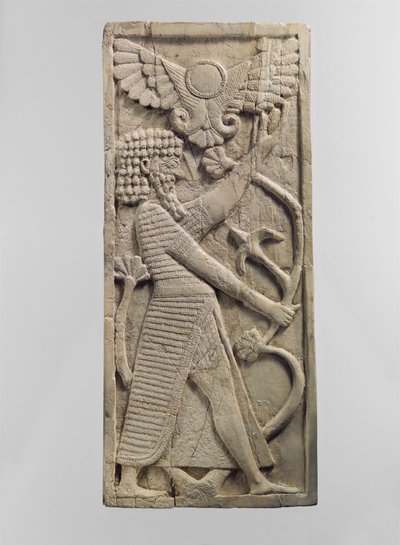 Plakietka meblowa wyrzeźbiona w reliefie z męską postacią trzymającą się drzewa, ok. VIII w. p.n.e. (kość słoniowa) autorstwa Neo Assyrian Neo Assyrian