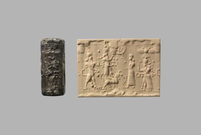 Pieczęć cylindryczna z odciskiem człowieka-skorpiona i współczesną, ok. VIII–VII w. p.n.e. (kwarc, kryptokrystaliczny) autorstwa Neo Assyrian