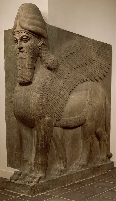 Skrzydlaty lew z głową człowieka (lamassu), c.883-859 pne (alabaster gipsowy) autorstwa Neo Assyrian