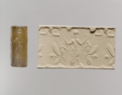Pieczęć cylindryczna i współczesna impresja: postać męska dominująca nad lwami o ludzkich głowach, ok. 1930 r. 8-7 wpne (chalcedon) autorstwa Neo Assyrian Neo Assyrian