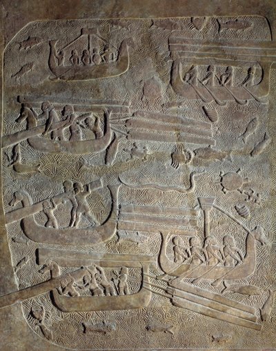 Mezopotamia w epoce neoasyryjskiej (ok. 1000-612 pne): „”Wyprawa morska, transport drewna z Libanu wzdłuż wybrzeża fenickiego, załadunek łodzi”””VIII wpne. Z Khorsabad (Khunsabad) Paryż, Musee du Louvre autorstwa Neo Assyrian Neo Assyrian
