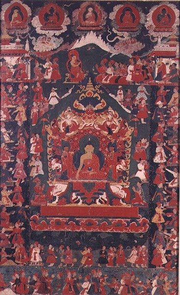 Budda inaugurujący praktykę otrzymywania jałmużny z „Prabhy” (wiszący zwój) autorstwa Nepalese School