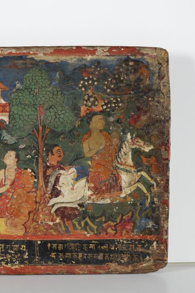 Detal z okładki rękopisu buddyjskiego (nieprzezroczysta akwarela na drewnie) autorstwa Nepalese School