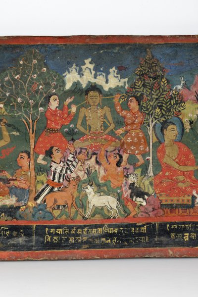 Detal z okładki rękopisu buddyjskiego (nieprzezroczyste wc na drewnie) autorstwa Nepalese School