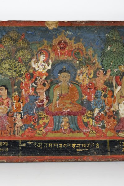 Detal z okładki rękopisu buddyjskiego (nieprzezroczyste wc na drewnie) autorstwa Nepalese School