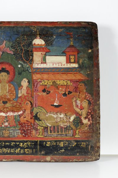 Detal z okładki rękopisu buddyjskiego (nieprzezroczyste wc na drewnie) autorstwa Nepalese School
