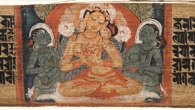 Folio 2r Bogini Prajnaparamita, z Astasahasrika Prajnaparamita (tusz i kolory na liściach palmowych i drewnie) (detal z 430760) autorstwa Nepalese School