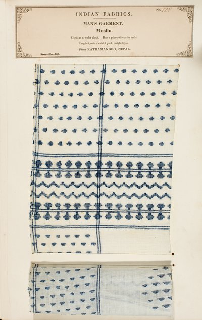 Próbka muślinu z Kathamandoo w Nepalu, z The Collection of the Textile Manufacturers of India, Johna Forbesa Watsona, opublikowana w 1866 roku autorstwa Nepalese School