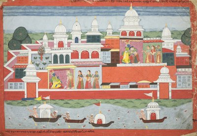 Rukmini prosi Krysznę o pozwolenie na odwiedzenie swojego brata Rukmy, strona z rękopisu Bhagavata Purany, ok. 1775 autorstwa Nepalese School