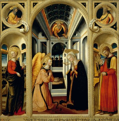Zwiastowanie przedstawiające św. Apolonię, św. Łukasza oraz proroków Dawida i Izajasza, autor: Neri di Bicci (1418-1492) autorstwa Neri di Bicci