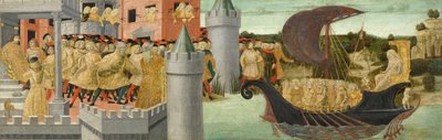 Wizyta Kleopatry u Antoniego, ok. 1475-1480 (tempera, złoty i srebrny ołów na panelu) autorstwa Neroccio di Landi