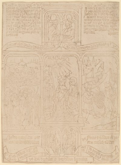 Chrzest Chrystusa; Faraon przechodzący przez Morze Czerwone; Jozue i Kaleb autorstwa Netherlandish 15th Century