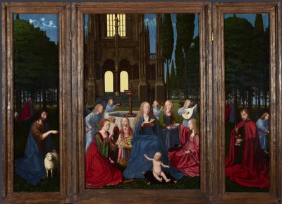 Dziewica z Dzieciątkiem ze świętymi i aniołami w ogrodzie, c. 1500 autorstwa Netherlandish Master