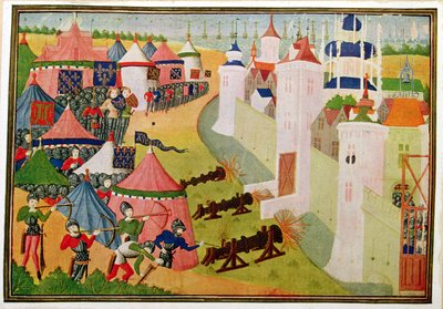 Harl 4379 f.83v Napaść na twierdzę piratów w Afryce Północnej (Mahedia) z „Kroniki Froissart”, Brugia autorstwa Netherlandish School