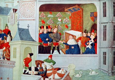 Harl 4380 f.117 Wywiad z Ryszardem II i księciem Gloucester w zamku Pleshy, z „Kroniki Froissart” autorstwa Netherlandish School
