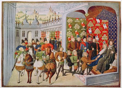 Harl 4380 f.40 Król Karol VI z Francji przyjmuje posłów angielskich z „Kroniki Froissart”, Brugia autorstwa Netherlandish School