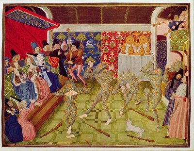 Harl 4380 fol.1 Bal des Ardents, 28 stycznia 1393, z „Kroniki Froissarta” autorstwa Netherlandish School