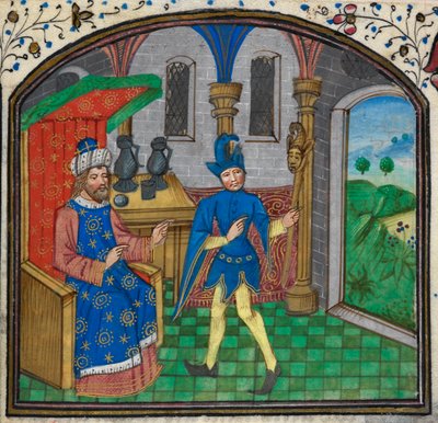 Harley 3000, f.189 Głupiec ze swoim panem, z Księgi godzin mistrza Mildmay, ok. 1460-70 (welum) autorstwa Netherlandish School