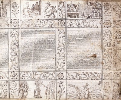 Iluminowany rękopis pismem sefardyjskim, przedstawiający sceny z życia Holendrów i Biblię z kartuszami kwiatowymi, XVII w. autorstwa Netherlandish School