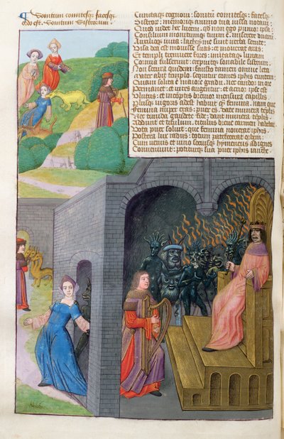 Ms 324 f.101 przeciwko Orfeuszowi i Eurydyce, Cerberus i Pluton, z Metamorfoz 10 Owidiusza, 1479 autorstwa Netherlandish School