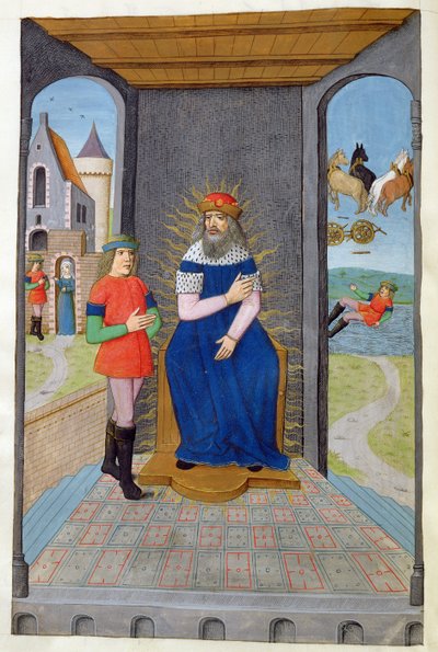 Ms 324 f.25 przeciwko Phaeton pożycza rydwan od ojca i zostaje zabity, z Metamorfoz 2 Owidiusza, 1479 autorstwa Netherlandish School