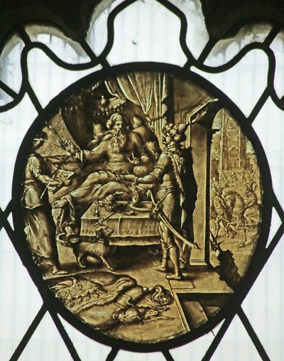 Roundel: Król Aswerus z Hamanem (Księga Estery) autorstwa Netherlandish School