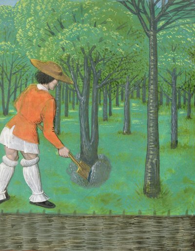 Roy 14 E VI f.28 Człowiek z łopatą w sadzie, z „Rustican du cultivement des terres”, stracony dla Edwarda IV, Brugia autorstwa Netherlandish School