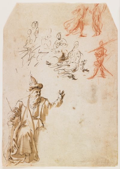 Studium proroka Starego Testamentu i inne studia postaci (recto); Studium postaci męskiej ze liną (verso) (długopis i brązowy tusz i wash, czerwona i czarna kreda) autorstwa Netherlandish School
