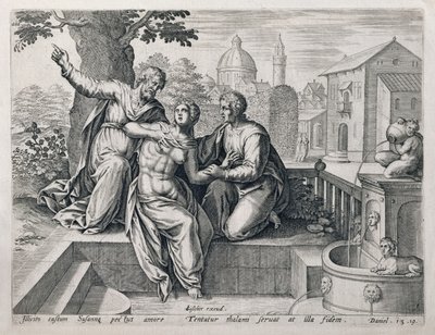 Zuzanna i starsi z cyklu ilustrującego sceny z Biblii, wyd. Claes Jansz Visscher (ok.1550-c.1612) ok.1590 autorstwa Netherlandish School