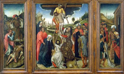 Złożenie, po bokach: (po lewej) Adam i Ewa opłakujący Abla i (po prawej) płaszcz Józefa ukazany Jakubowi, tryptyk, ok. 1470 (panel) autorstwa Netherlandish School