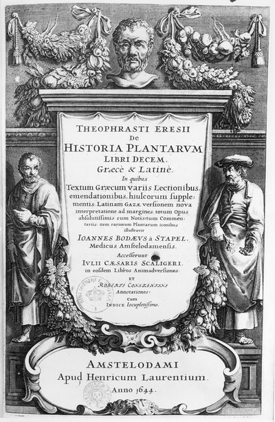 Strona tytułowa Historii Plantarum Libri Ten Theophrastusa (ok.372-c.287 pne) wydanej w Amsterdamie w 1644 r. autorstwa Netherlandish School