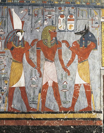 Faraon między bogami Harsiesis i Anubisem autorstwa New Kingdom Egyptian