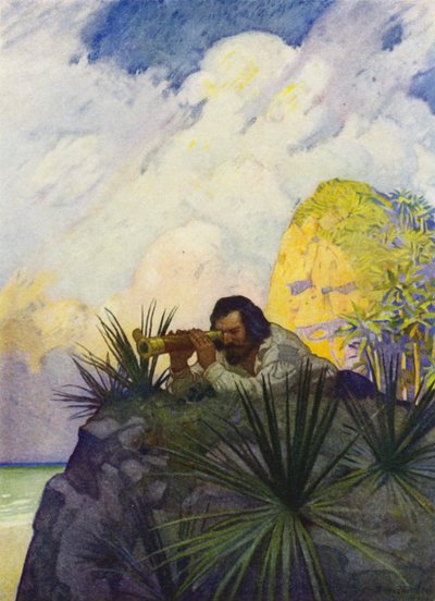 Ilustracja do Robinsona Crusoe (kolor lito) autorstwa Newell Convers (after) Wyeth