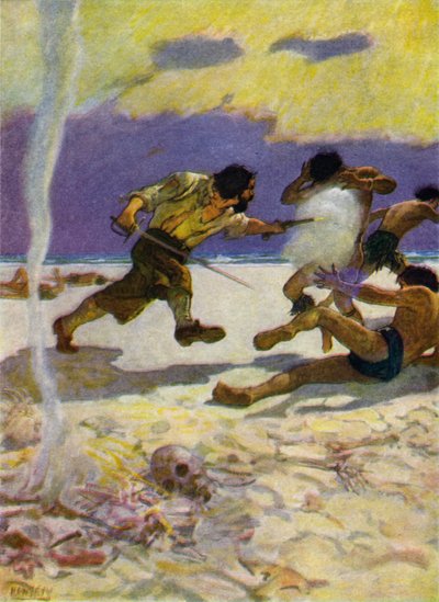 Ilustracja do Robinsona Crusoe (kolor lito) autorstwa Newell Convers (after) Wyeth