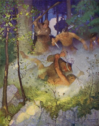Ilustracja do Ostatniego Mohikanina (kolor lito) autorstwa Newell Convers (after) Wyeth