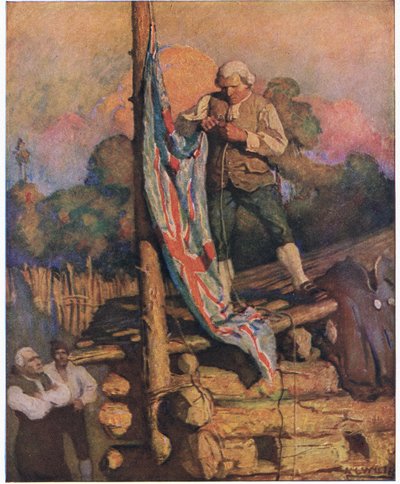 Kapitan Smollett przeciwstawia się buntownikom: potem wspinając się na dach, własnoręcznie wbiegł na kolory autorstwa Newell Convers Wyeth